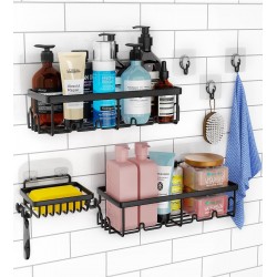 Hofnie Shower Caddy, 3 Pack Shower Organizer with 20 Hooks, 3 Adhesive Hooks, Large Capacity,Stainless Steel Black Shower Shelves, No Drilling, Easy Installation Shower Shelf for Inside Shower