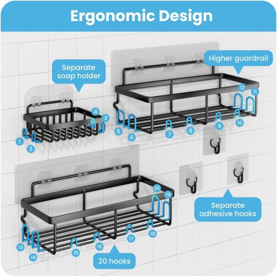 Hofnie Shower Caddy, 3 Pack Shower Organizer with 20 Hooks, 3 Adhesive Hooks, Large Capacity,Stainless Steel Black Shower Shelves, No Drilling, Easy Installation Shower Shelf for Inside Shower