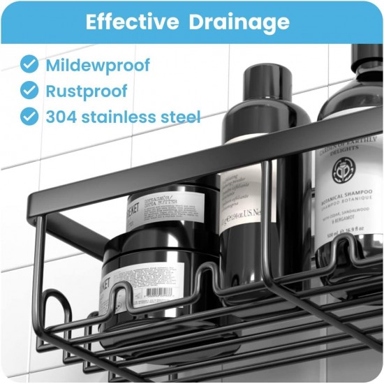 Hofnie Shower Caddy, 3 Pack Shower Organizer with 20 Hooks, 3 Adhesive Hooks, Large Capacity,Stainless Steel Black Shower Shelves, No Drilling, Easy Installation Shower Shelf for Inside Shower