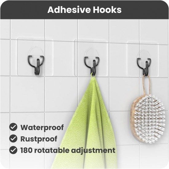 Hofnie Shower Caddy, 3 Pack Shower Organizer with 20 Hooks, 3 Adhesive Hooks, Large Capacity,Stainless Steel Black Shower Shelves, No Drilling, Easy Installation Shower Shelf for Inside Shower