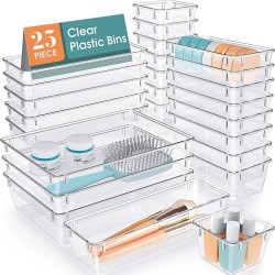 WOWBOX Clear Plastic Drawer Organizer Set, Desk Drawer Divider Organizers and Storage Bins for Makeup, Jewelry, Gadgets for Kitchen, Bedroom, Bathroom, Office